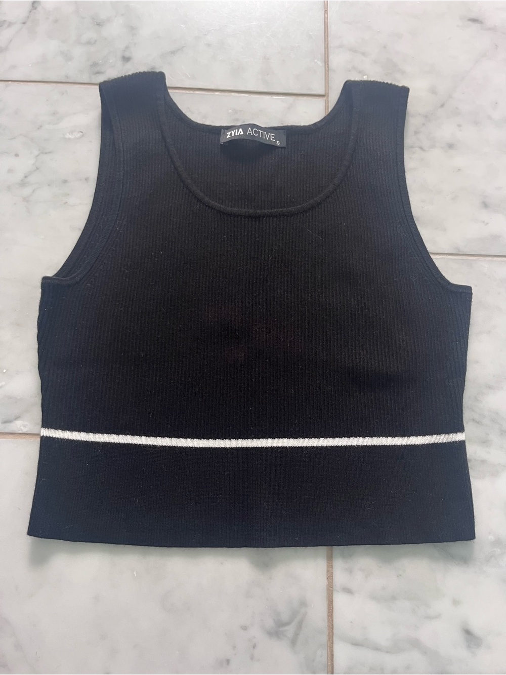 ZYA Active Black Ribbed Crop Tank with White Waist Stripe